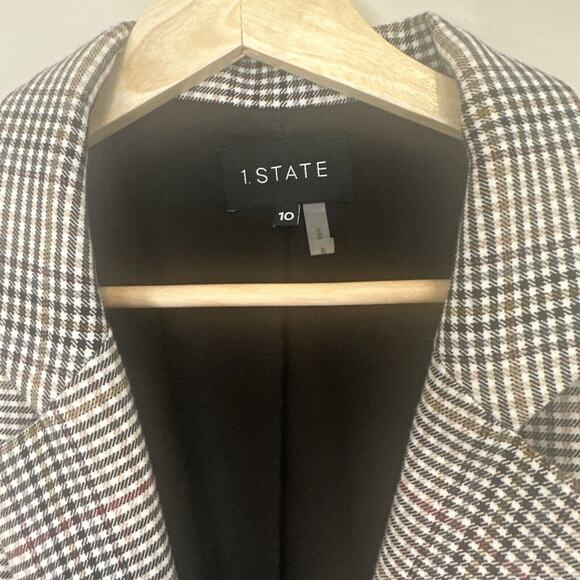 1. State Tan Black Burgundy Navy Plaid Blazer Size 10 Pockets Buttons Work Long - Picture 2 of 8